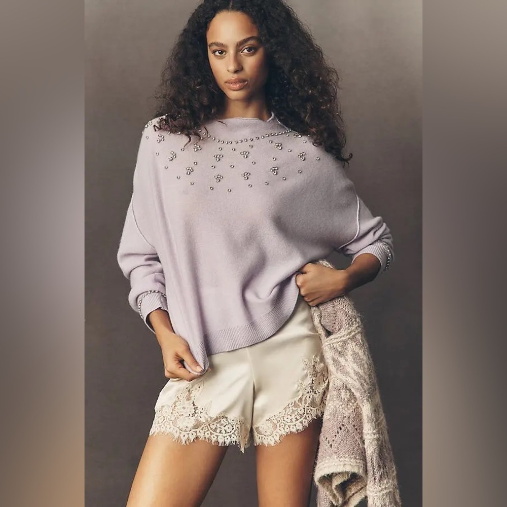NWT new XS Anthropologie pilcro Alani cashmere sweater Lavender embellished bead